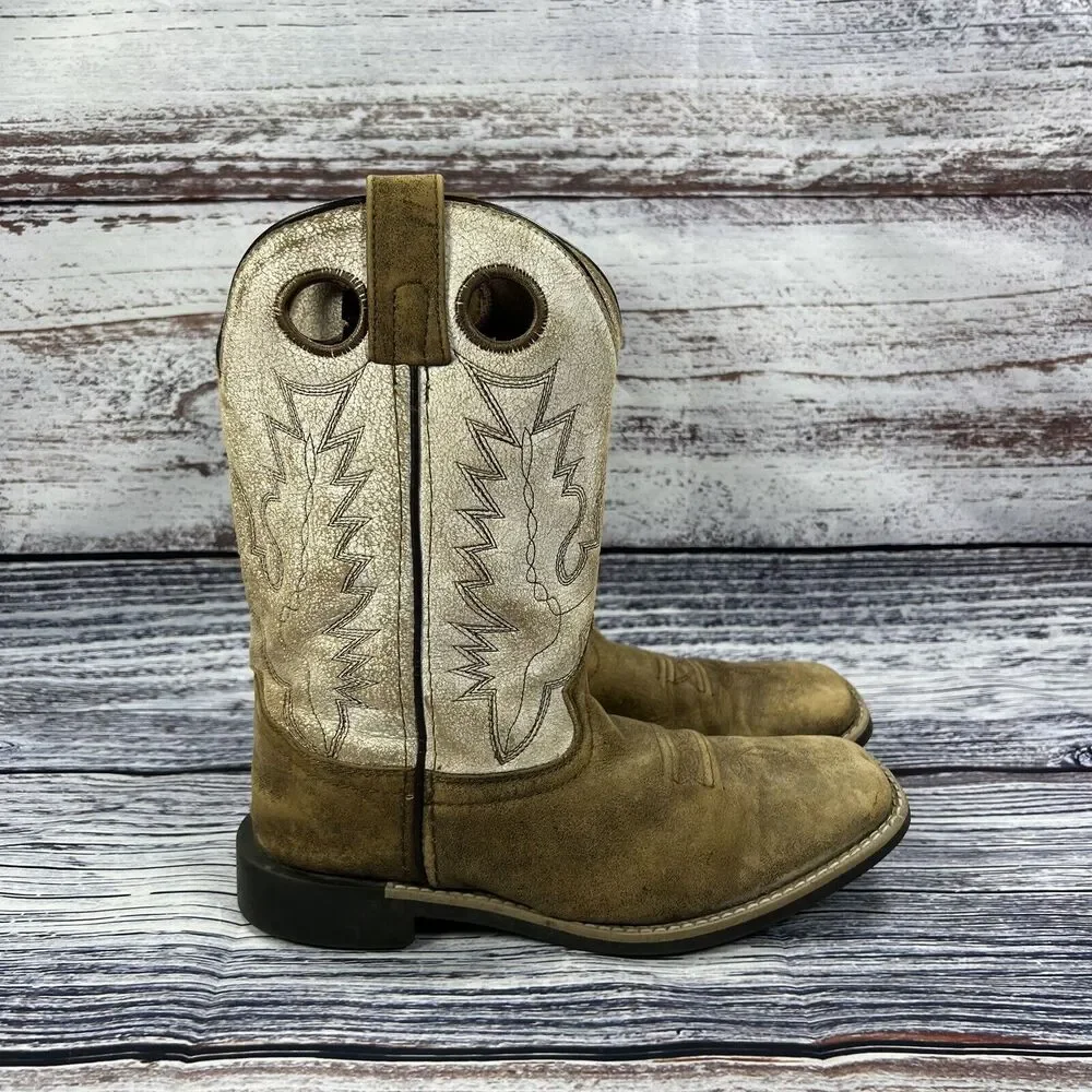 Smoky Mountain Boots Drifter  Brown & White Leather Square Toe Western, Youth 5